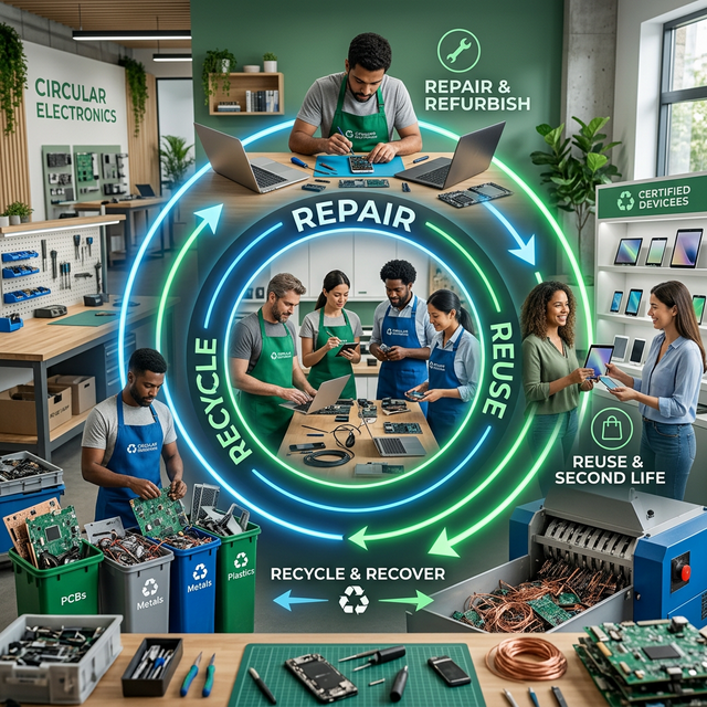 Životní cyklus cirkulární ekonomiky s fázemi opravy, opětovného použití a recyklace elektroniky